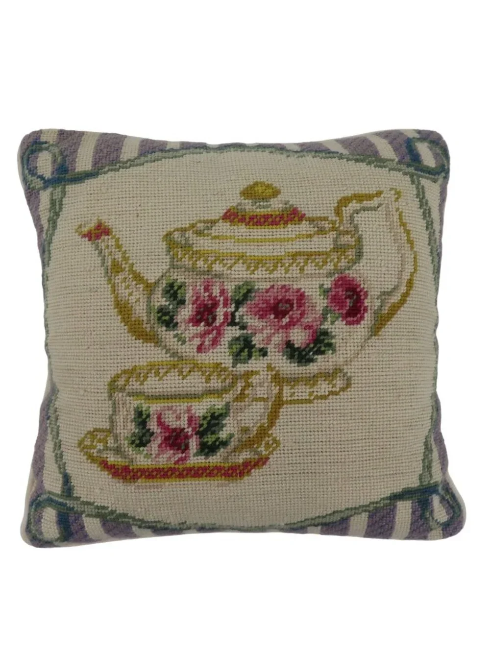VTG Granny Teapot Teacup Saucer Needlepoint Pink Rose Flower Floral Throw Pillow